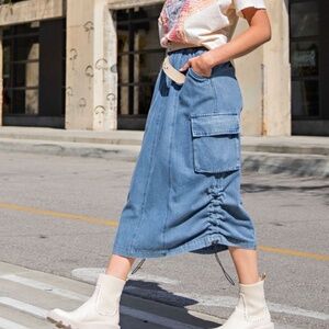 Easel Blue Denim Midi Skirt